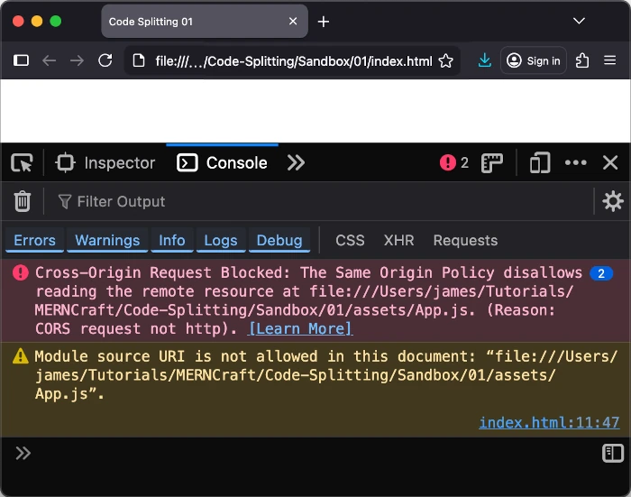 import() is not supported for URLs with the file:/// protocol