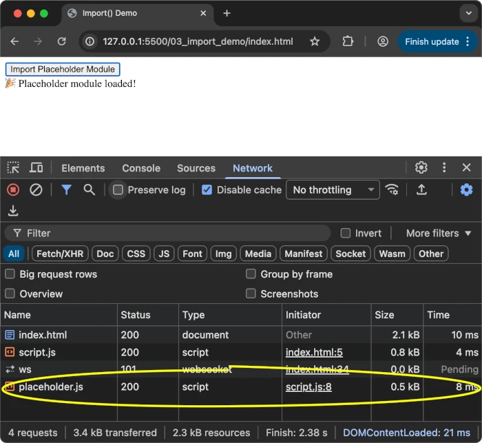 The Network tab only shows one download, even when caching is disabled