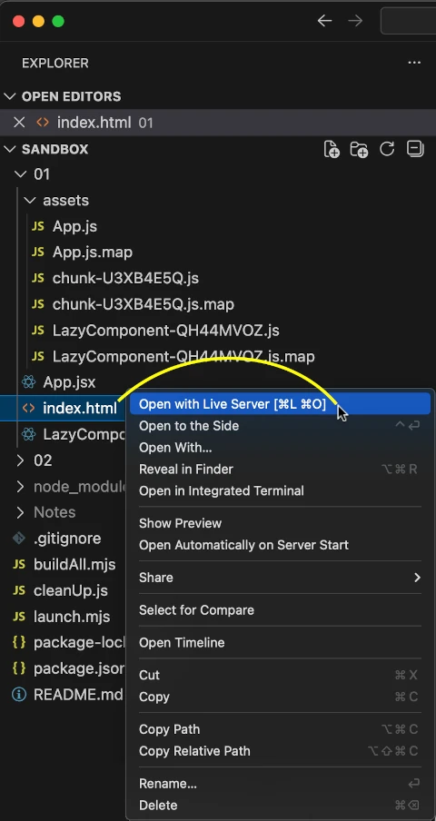 Opening an HTML file with Live Server in VS Code