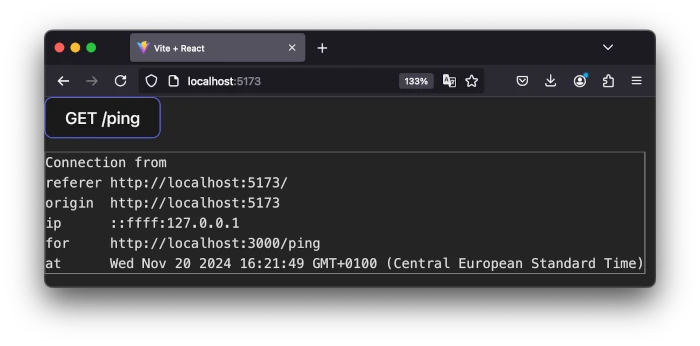Successful /ping from frontend in dev mode