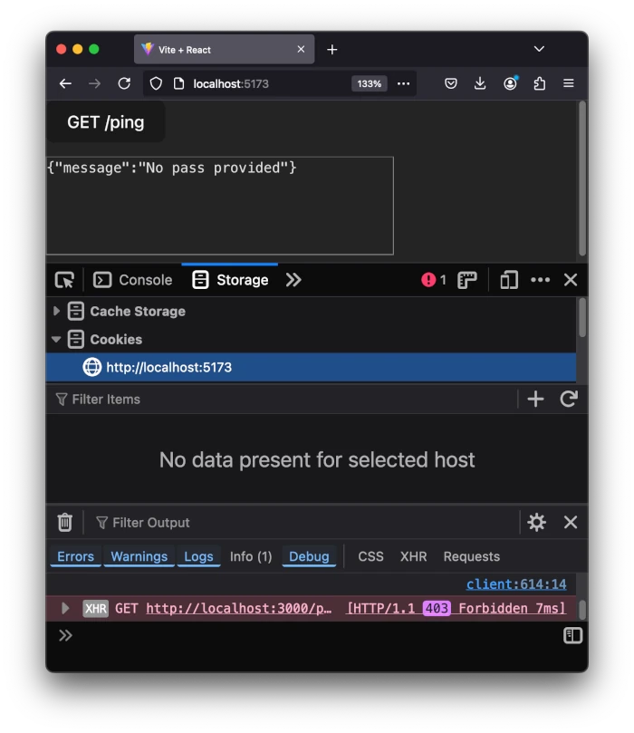 The frontend gets a 403 Forbidden response