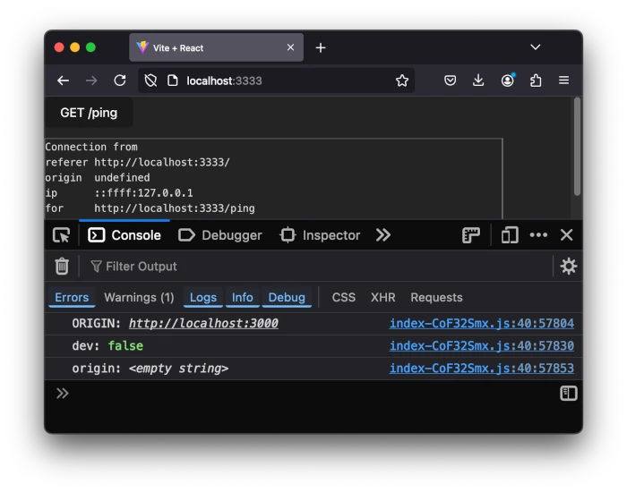 A successful API request to /ping in production